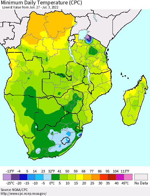 Southern Africa Minimum Daily Temperature (CPC) Thematic Map For 6/27/2022 - 7/3/2022