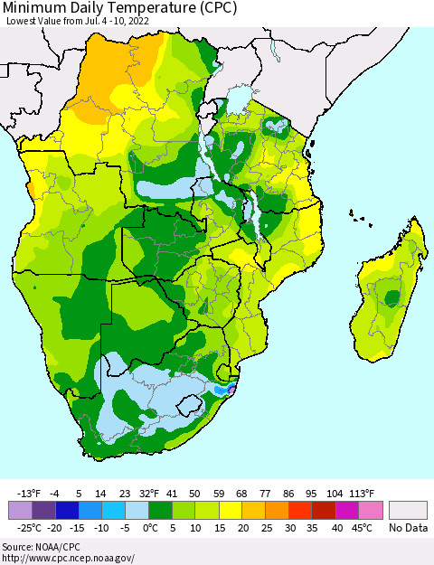 Southern Africa Minimum Daily Temperature (CPC) Thematic Map For 7/4/2022 - 7/10/2022