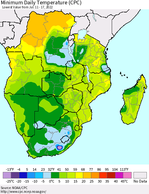 Southern Africa Minimum Daily Temperature (CPC) Thematic Map For 7/11/2022 - 7/17/2022
