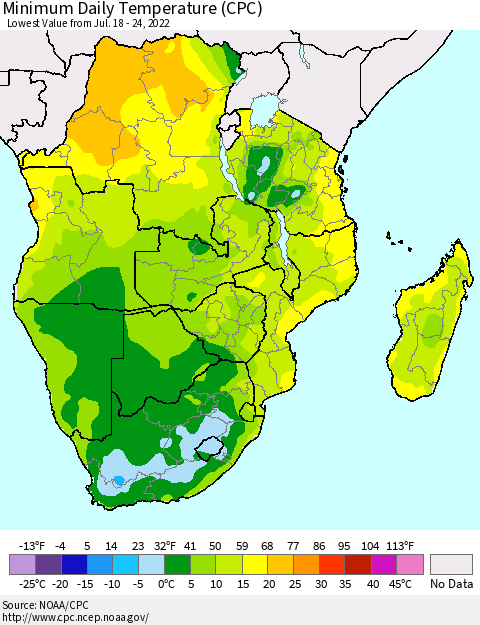 Southern Africa Minimum Daily Temperature (CPC) Thematic Map For 7/18/2022 - 7/24/2022