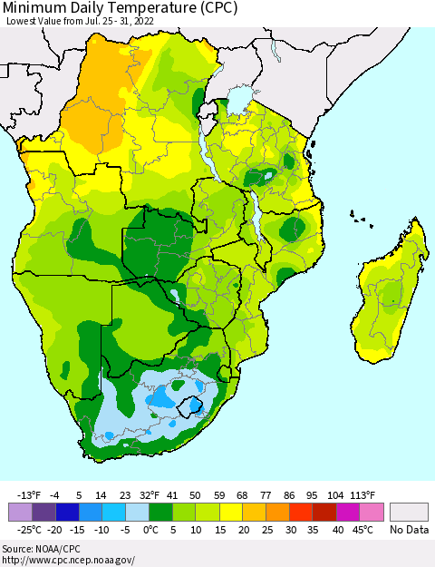 Southern Africa Minimum Daily Temperature (CPC) Thematic Map For 7/25/2022 - 7/31/2022