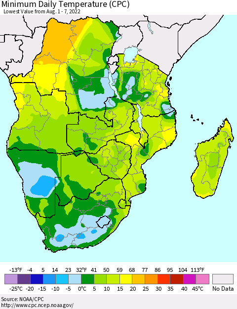Southern Africa Minimum Daily Temperature (CPC) Thematic Map For 8/1/2022 - 8/7/2022
