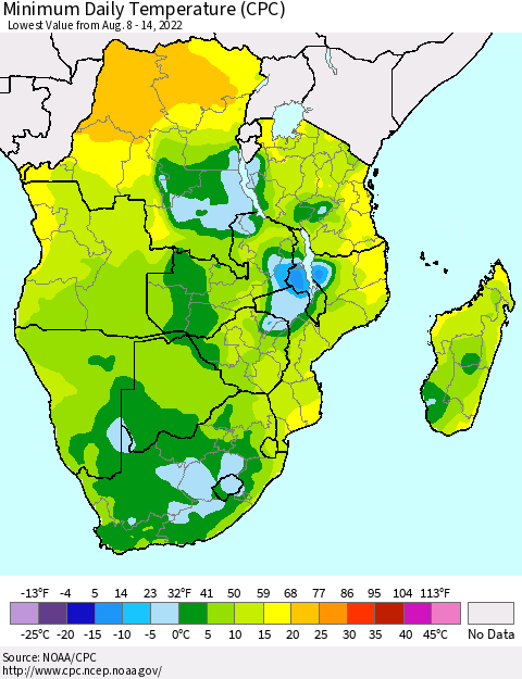 Southern Africa Minimum Daily Temperature (CPC) Thematic Map For 8/8/2022 - 8/14/2022