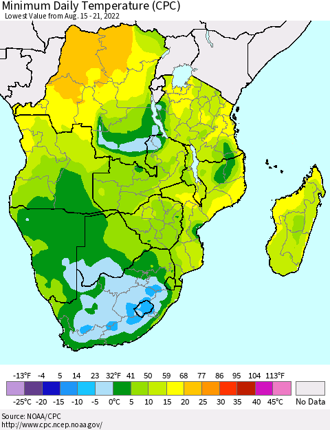 Southern Africa Minimum Daily Temperature (CPC) Thematic Map For 8/15/2022 - 8/21/2022