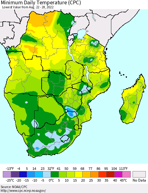 Southern Africa Minimum Daily Temperature (CPC) Thematic Map For 8/22/2022 - 8/28/2022