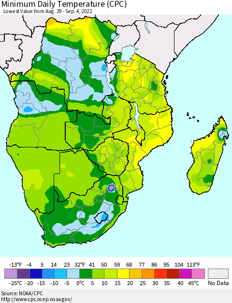 Southern Africa Minimum Daily Temperature (CPC) Thematic Map For 8/29/2022 - 9/4/2022