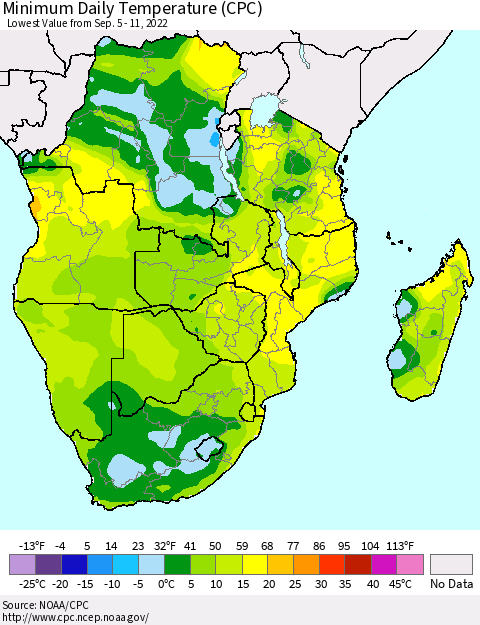 Southern Africa Minimum Daily Temperature (CPC) Thematic Map For 9/5/2022 - 9/11/2022