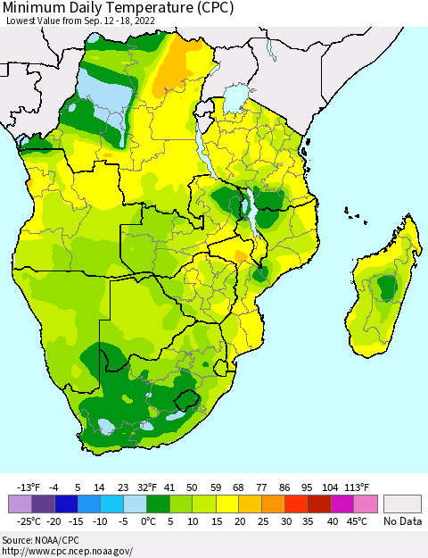 Southern Africa Minimum Daily Temperature (CPC) Thematic Map For 9/12/2022 - 9/18/2022