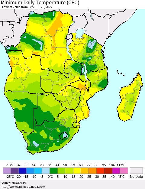 Southern Africa Minimum Daily Temperature (CPC) Thematic Map For 9/19/2022 - 9/25/2022
