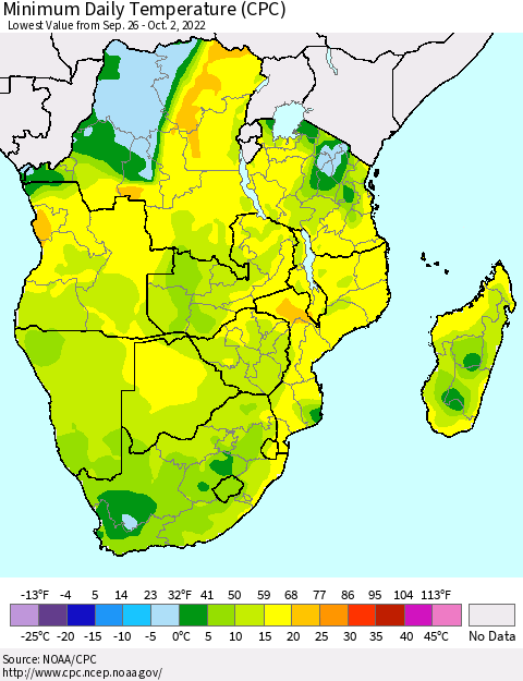 Southern Africa Minimum Daily Temperature (CPC) Thematic Map For 9/26/2022 - 10/2/2022