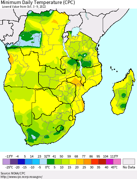 Southern Africa Minimum Daily Temperature (CPC) Thematic Map For 10/3/2022 - 10/9/2022