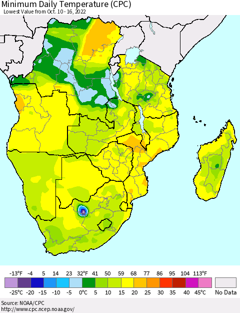 Southern Africa Minimum Daily Temperature (CPC) Thematic Map For 10/10/2022 - 10/16/2022