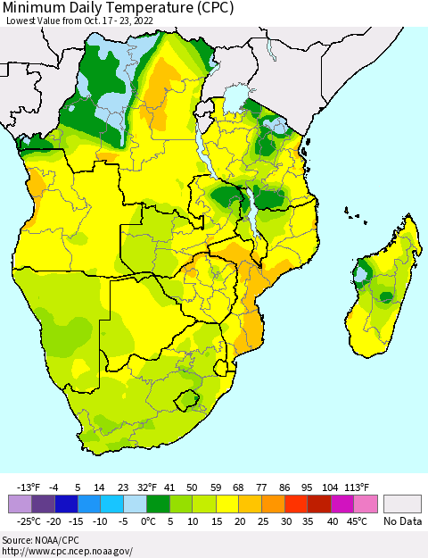 Southern Africa Minimum Daily Temperature (CPC) Thematic Map For 10/17/2022 - 10/23/2022