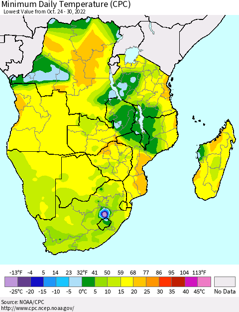 Southern Africa Minimum Daily Temperature (CPC) Thematic Map For 10/24/2022 - 10/30/2022