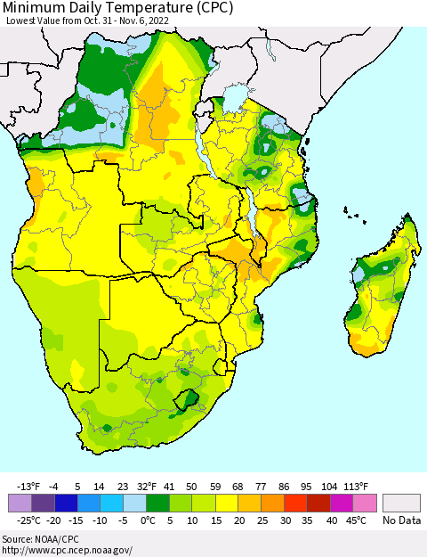 Southern Africa Minimum Daily Temperature (CPC) Thematic Map For 10/31/2022 - 11/6/2022