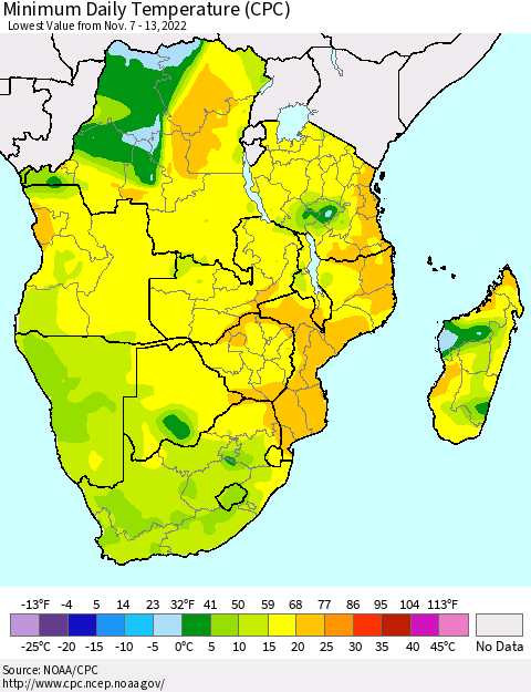 Southern Africa Minimum Daily Temperature (CPC) Thematic Map For 11/7/2022 - 11/13/2022