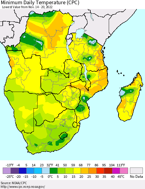 Southern Africa Minimum Daily Temperature (CPC) Thematic Map For 11/14/2022 - 11/20/2022