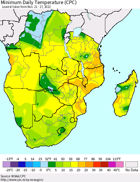 Southern Africa Minimum Daily Temperature (CPC) Thematic Map For 11/21/2022 - 11/27/2022