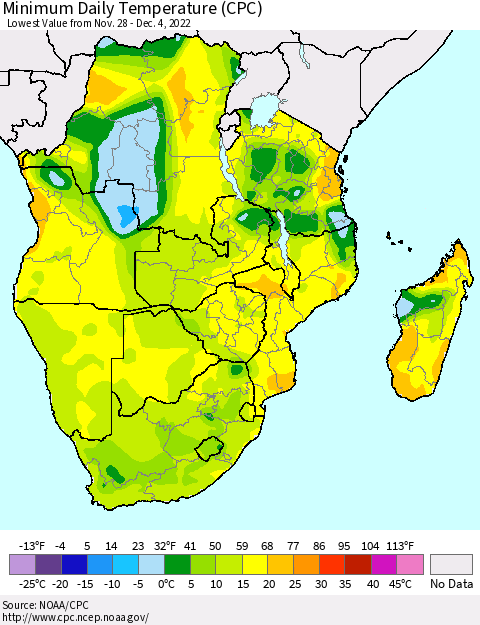 Southern Africa Minimum Daily Temperature (CPC) Thematic Map For 11/28/2022 - 12/4/2022