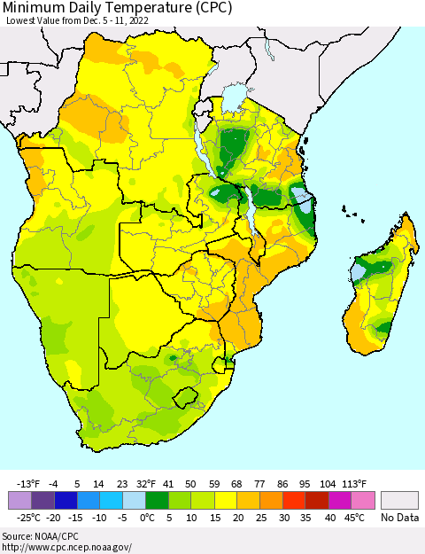 Southern Africa Minimum Daily Temperature (CPC) Thematic Map For 12/5/2022 - 12/11/2022