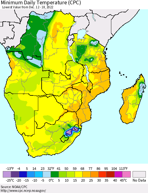 Southern Africa Minimum Daily Temperature (CPC) Thematic Map For 12/12/2022 - 12/18/2022