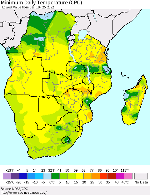 Southern Africa Minimum Daily Temperature (CPC) Thematic Map For 12/19/2022 - 12/25/2022