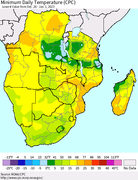 Southern Africa Minimum Daily Temperature (CPC) Thematic Map For 12/26/2022 - 1/1/2023