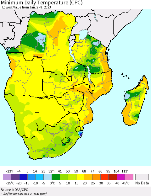 Southern Africa Minimum Daily Temperature (CPC) Thematic Map For 1/2/2023 - 1/8/2023