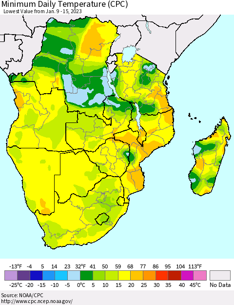 Southern Africa Minimum Daily Temperature (CPC) Thematic Map For 1/9/2023 - 1/15/2023