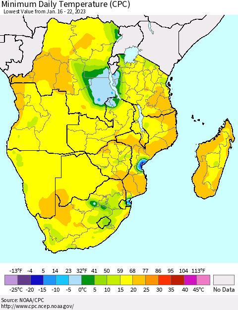 Southern Africa Minimum Daily Temperature (CPC) Thematic Map For 1/16/2023 - 1/22/2023
