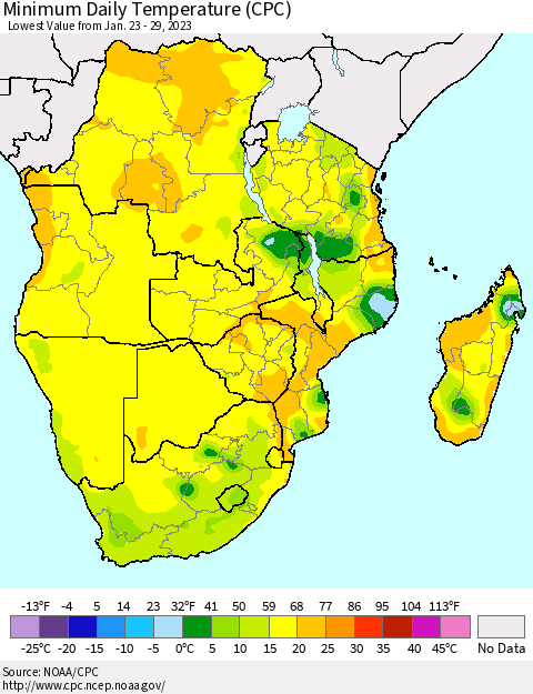 Southern Africa Minimum Daily Temperature (CPC) Thematic Map For 1/23/2023 - 1/29/2023