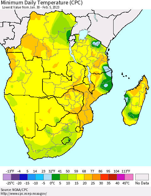 Southern Africa Minimum Daily Temperature (CPC) Thematic Map For 1/30/2023 - 2/5/2023