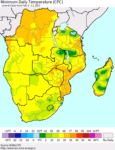 Southern Africa Minimum Daily Temperature (CPC) Thematic Map For 2/6/2023 - 2/12/2023