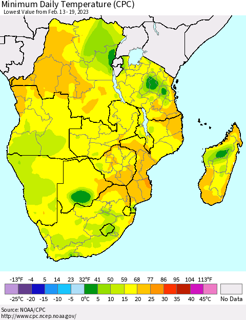 Southern Africa Minimum Daily Temperature (CPC) Thematic Map For 2/13/2023 - 2/19/2023
