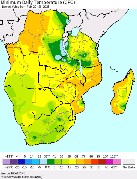 Southern Africa Minimum Daily Temperature (CPC) Thematic Map For 2/20/2023 - 2/26/2023