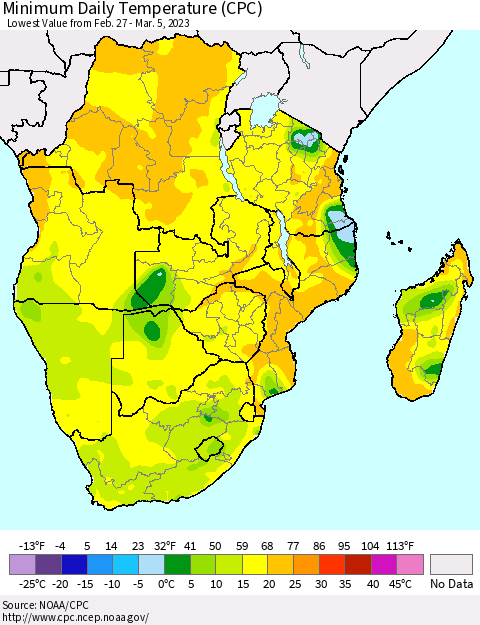 Southern Africa Minimum Daily Temperature (CPC) Thematic Map For 2/27/2023 - 3/5/2023