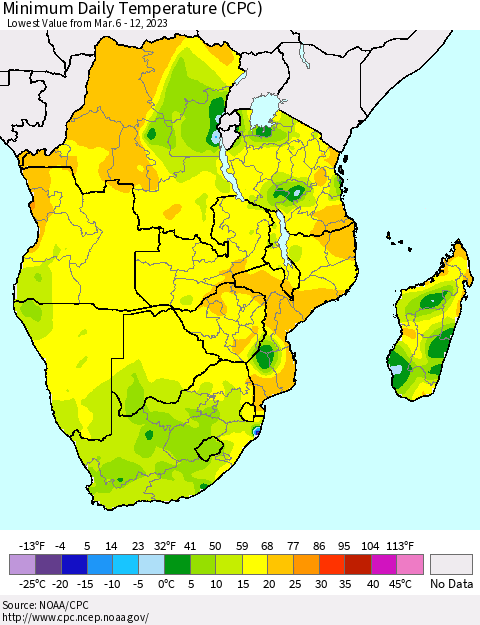 Southern Africa Minimum Daily Temperature (CPC) Thematic Map For 3/6/2023 - 3/12/2023