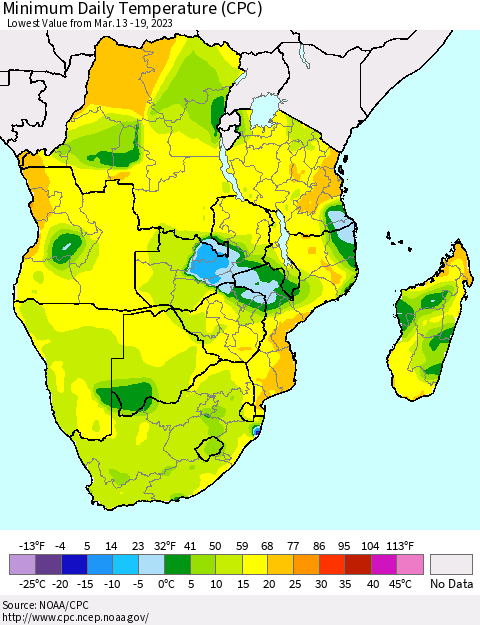 Southern Africa Minimum Daily Temperature (CPC) Thematic Map For 3/13/2023 - 3/19/2023