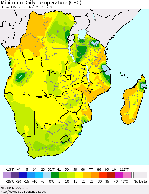 Southern Africa Minimum Daily Temperature (CPC) Thematic Map For 3/20/2023 - 3/26/2023