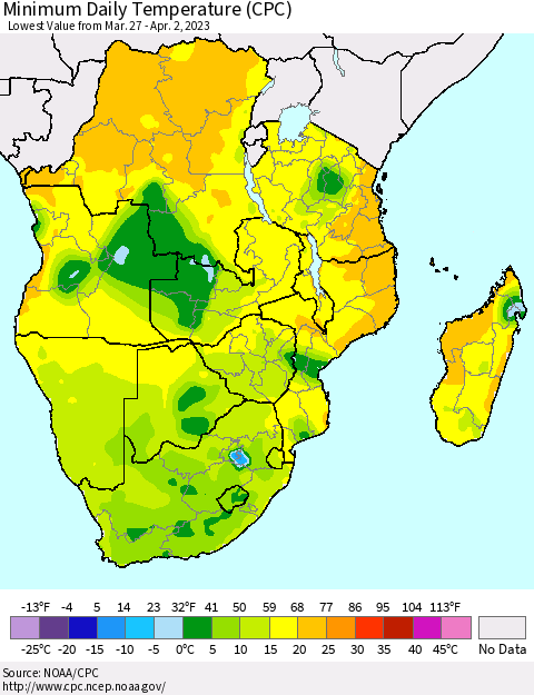 Southern Africa Minimum Daily Temperature (CPC) Thematic Map For 3/27/2023 - 4/2/2023