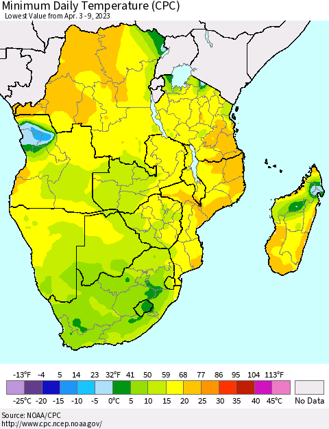 Southern Africa Minimum Daily Temperature (CPC) Thematic Map For 4/3/2023 - 4/9/2023