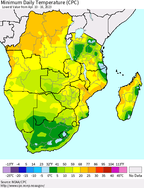 Southern Africa Minimum Daily Temperature (CPC) Thematic Map For 4/10/2023 - 4/16/2023