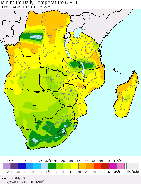 Southern Africa Minimum Daily Temperature (CPC) Thematic Map For 4/17/2023 - 4/23/2023