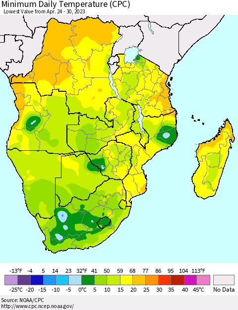 Southern Africa Minimum Daily Temperature (CPC) Thematic Map For 4/24/2023 - 4/30/2023