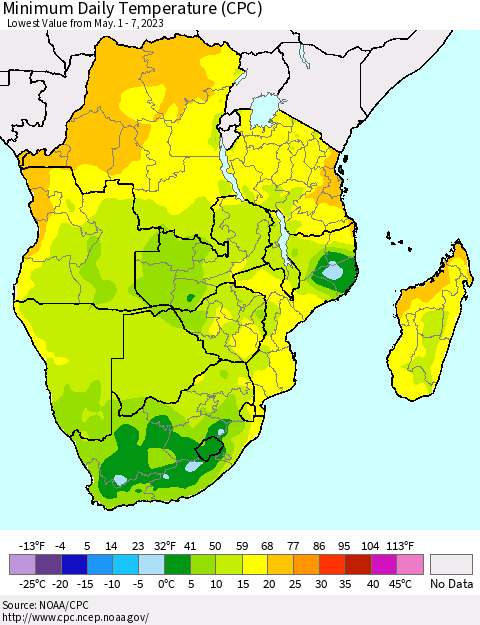 Southern Africa Minimum Daily Temperature (CPC) Thematic Map For 5/1/2023 - 5/7/2023