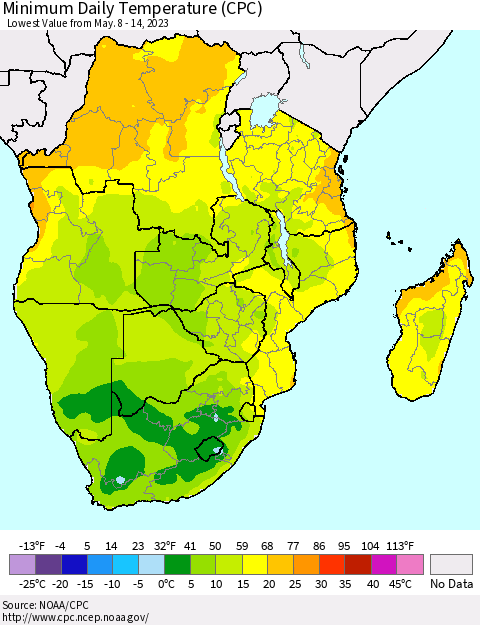 Southern Africa Minimum Daily Temperature (CPC) Thematic Map For 5/8/2023 - 5/14/2023