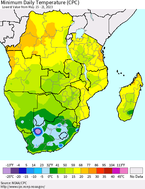 Southern Africa Minimum Daily Temperature (CPC) Thematic Map For 5/15/2023 - 5/21/2023