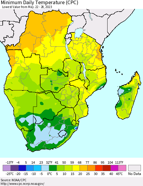 Southern Africa Minimum Daily Temperature (CPC) Thematic Map For 5/22/2023 - 5/28/2023