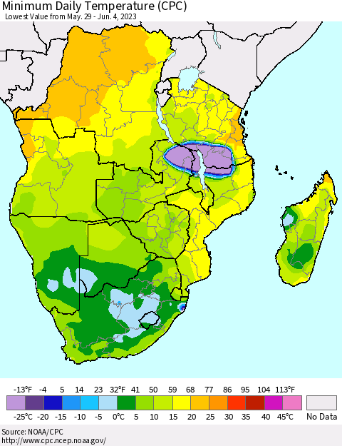 Southern Africa Minimum Daily Temperature (CPC) Thematic Map For 5/29/2023 - 6/4/2023