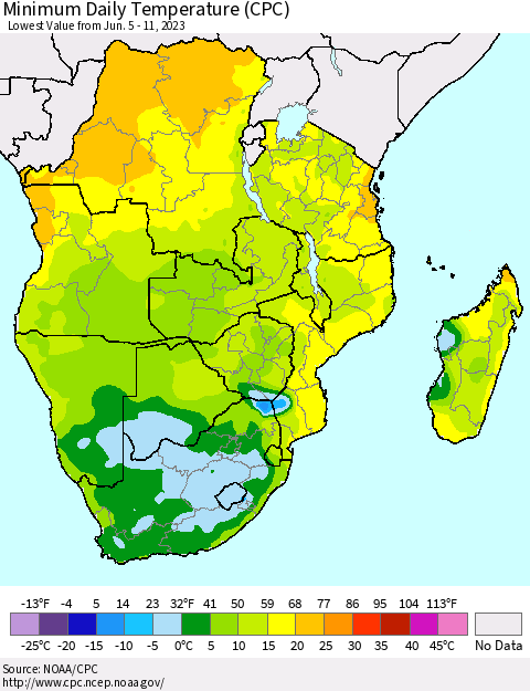 Southern Africa Minimum Daily Temperature (CPC) Thematic Map For 6/5/2023 - 6/11/2023